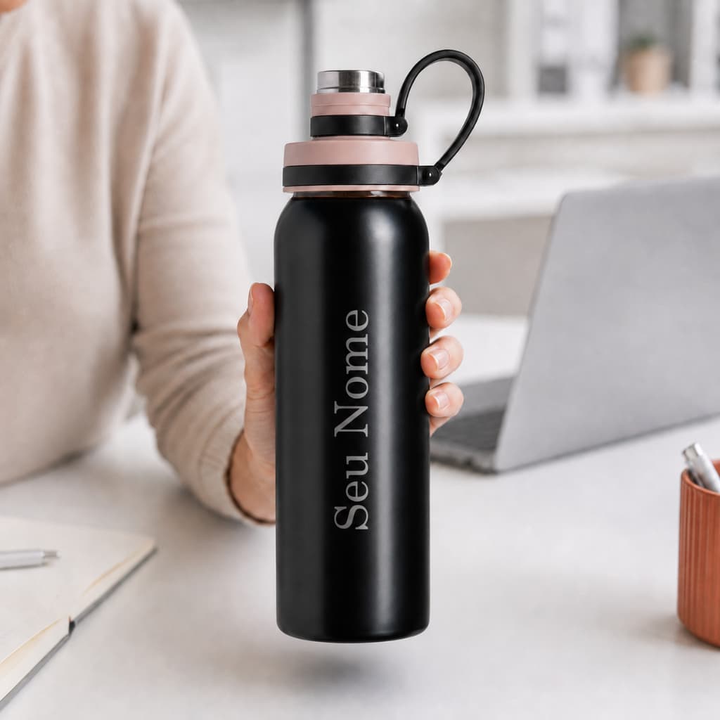 Garrafa Inox Personalizada Nome 800ml Prática Com Alça Squeeze Água Academia Quente Frio Gelado Trabalho