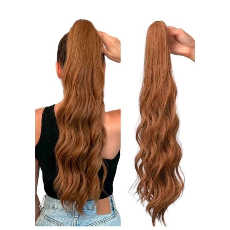 Extensão Cabelo Rabo de Cavalo Ruivo Chocolate com Velcro - Fibra Humanizada 65cm de Comprimento