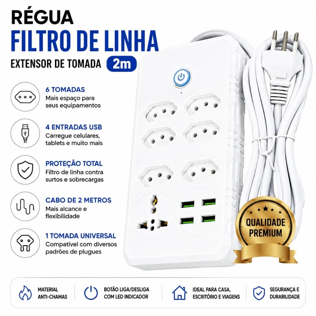 Régua Filtro de Linha 7 Tomadas 4 USB 1 Universal Bivolt 10A Cabo 2m Extensão Elétrica