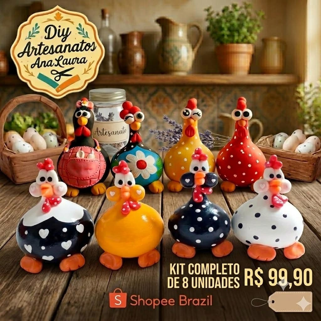 Kit 8 Galinhas De Cabaça E Biscuit Enfeite Cozinha Artesanal