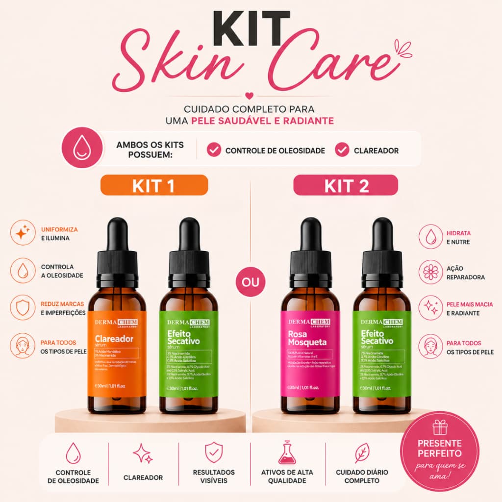 Kit Skin Care 1 Sérum Efeito Secativo + 1 Sérum Clareador ou Rosa Mosqueta Hidratante - 30ml Cada