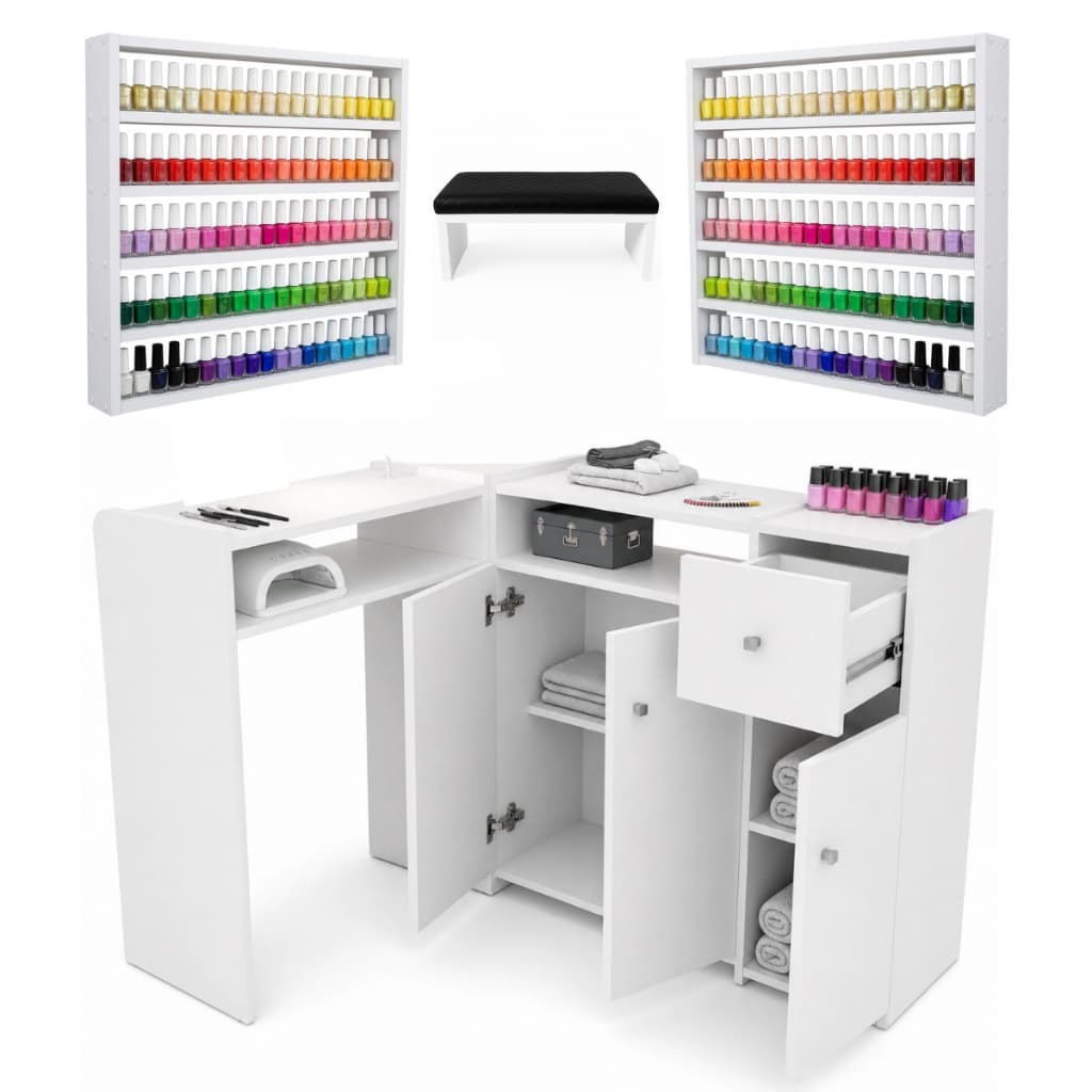 Kit Mesa Manicure Em L Com Gaveta Em Corrediça Grande Completa + 2 Esmalteiras + Apoio De Mãos Unhas