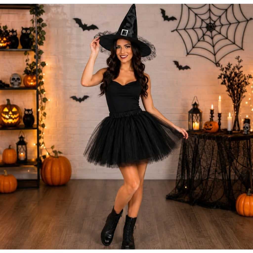 Kit Fantasia Bruxa Chapéu e Saia de Tule 40 Cm Juvenil e Adulto Halloween 2 Peças