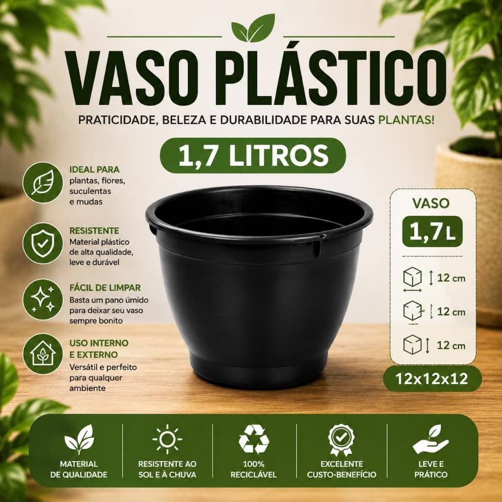 Kit de Vasos Para Mudas Violetas Flores Hortaliças Suculentas Redondo 1,7L Preto