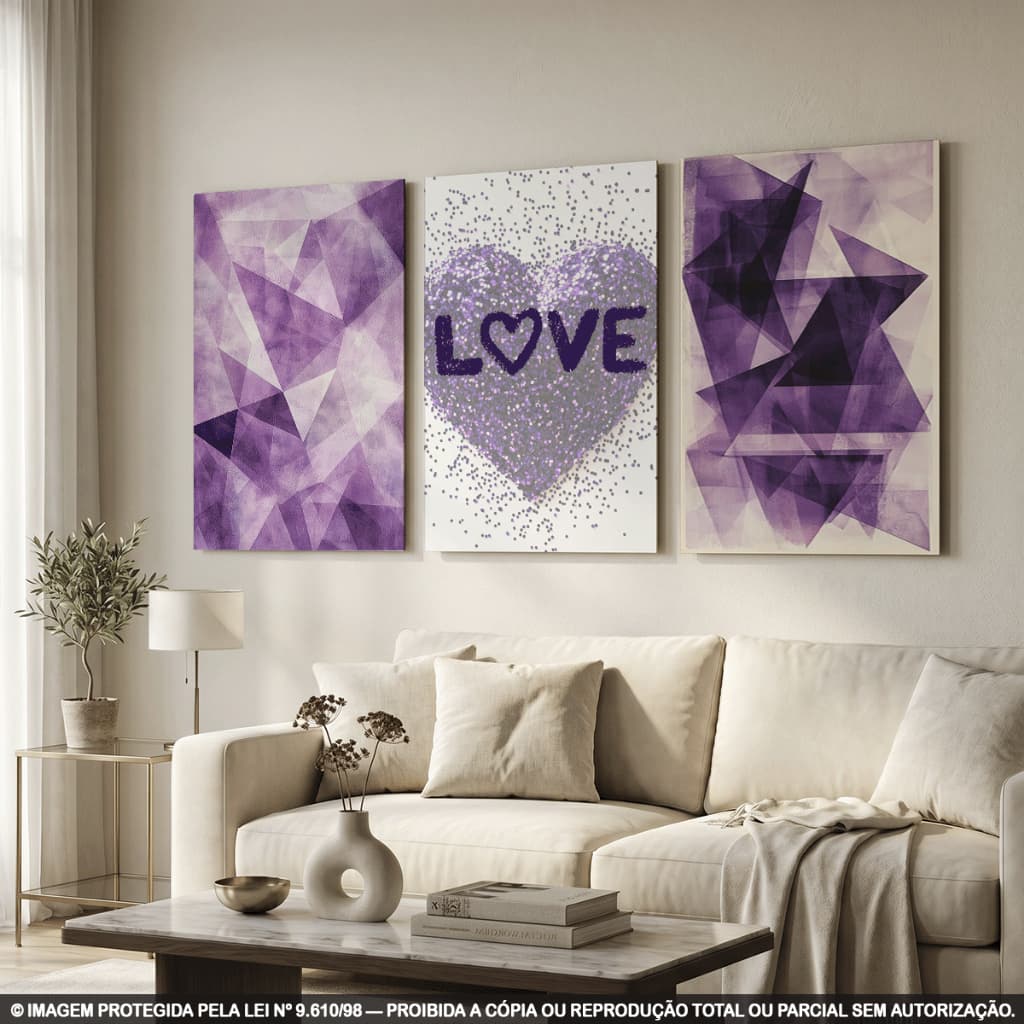 Quadros Decorativos Abstrato Roxo Geométrico Love Coração Glitter Kit 3 Peças