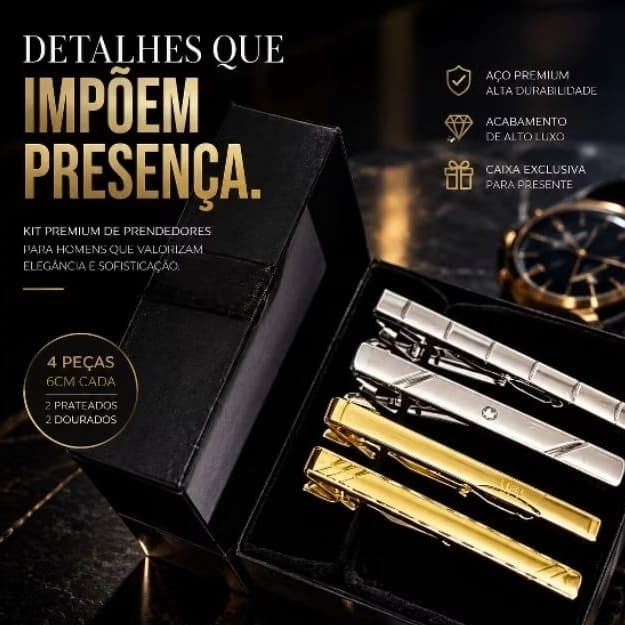 Kit Premium 4 Prendedores De Gravata 6cm ( Dourados/Prateados ) + Caixa Presente Preta luxo