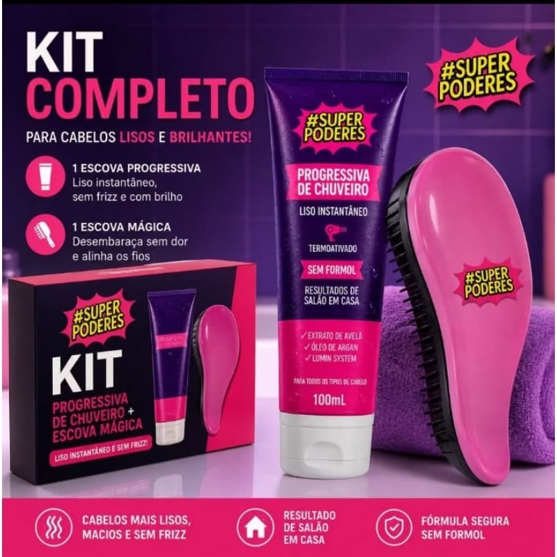 Progressiva de Chuveiro Kit + Escova Mágica Cabelo Liso Sem Formol Reduz Frizz