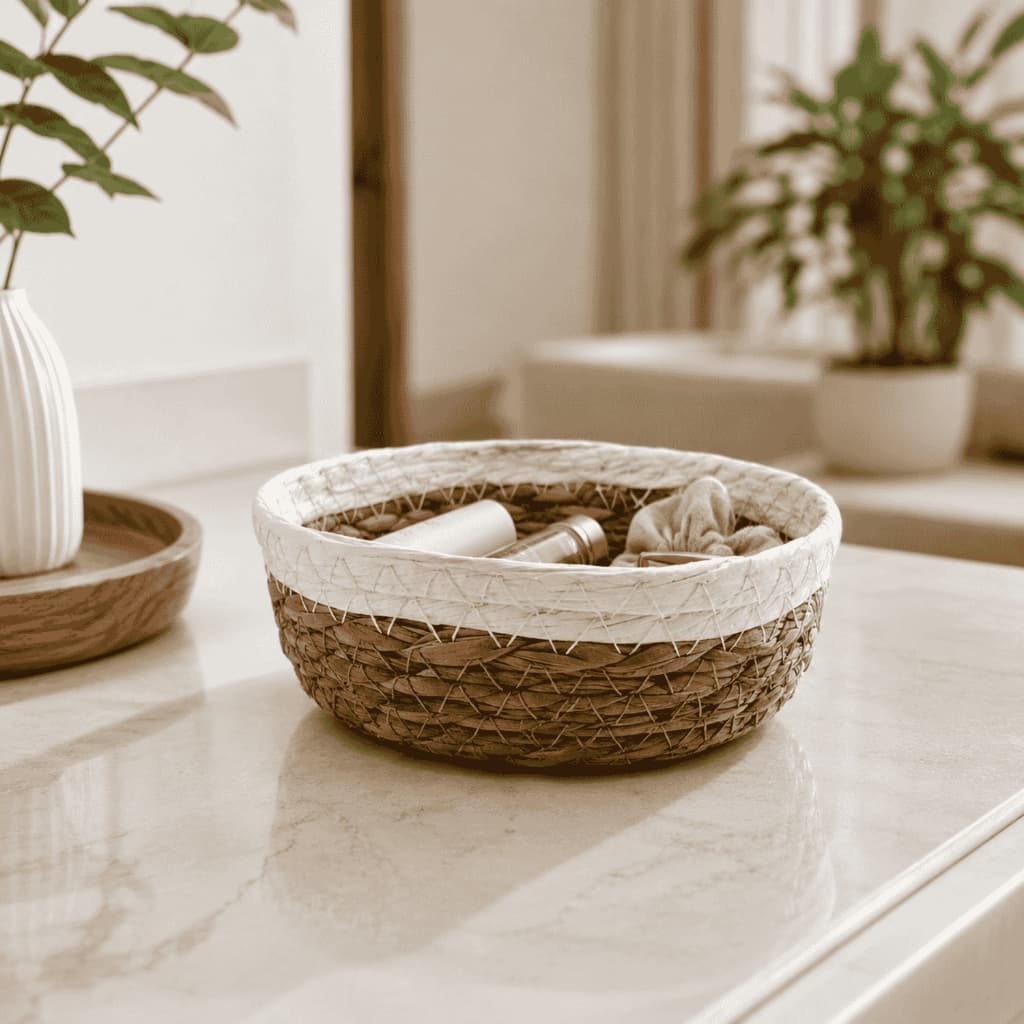 Cesto Redondo de Vime Palha Fibra Natural Trançada Armazenamento Decoração Casa Artesanal