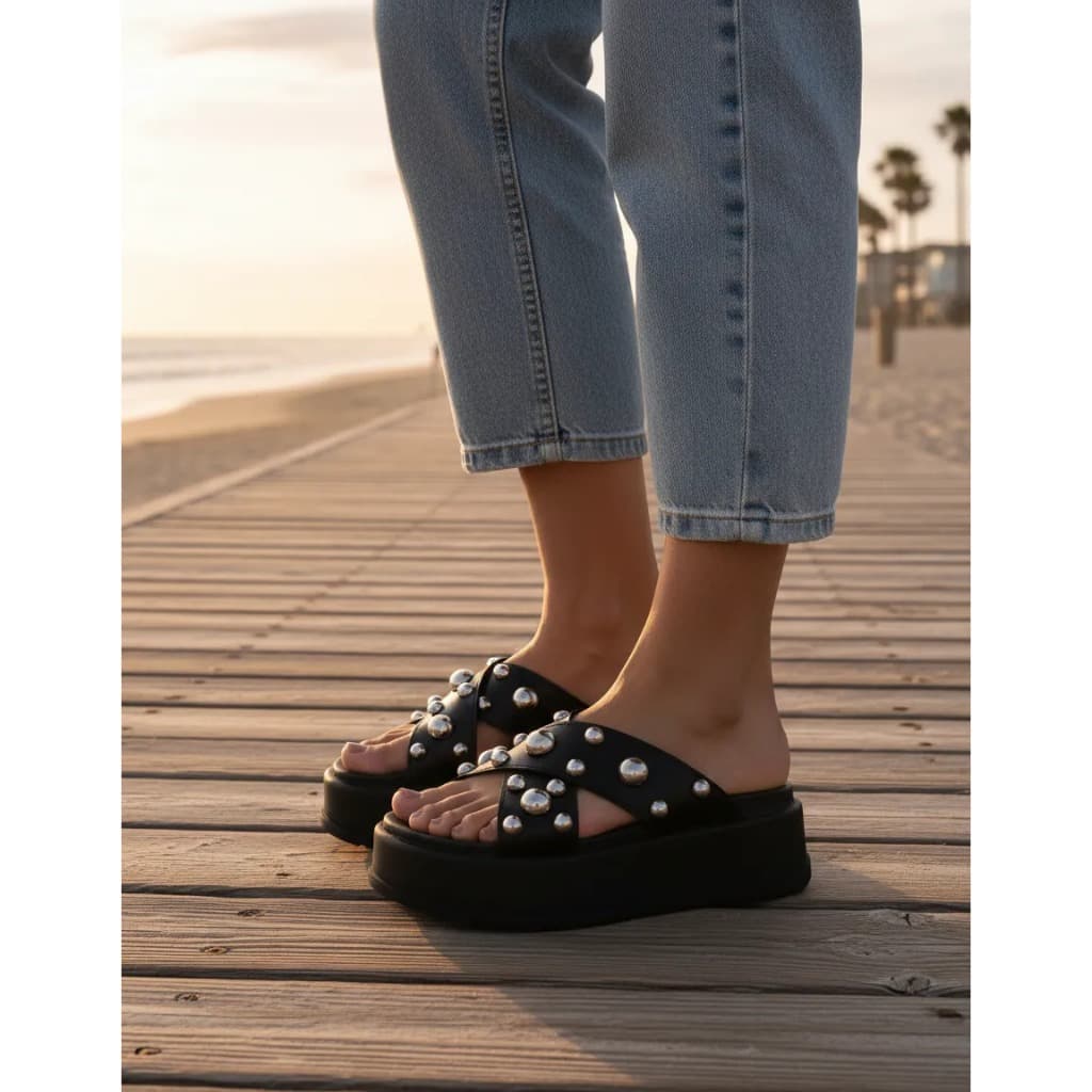 Sandalia Feminina Plataforma Antiderrapante com Tachas Confortaveis