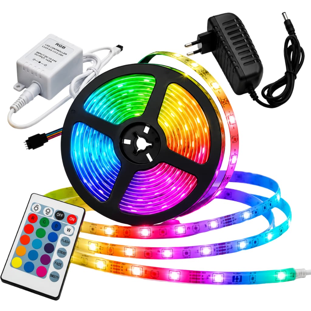 Fita LED RGB 5m Completa com Fonte Controle Remoto Ideal para Quarto Sala Gamer Espaços em geral TV .