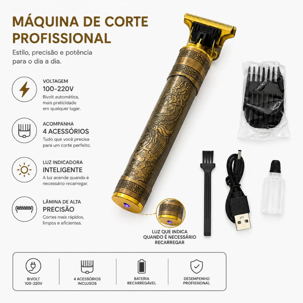 Máquina De Acabamento Profissional Barba E Cabelo Dragão Usb