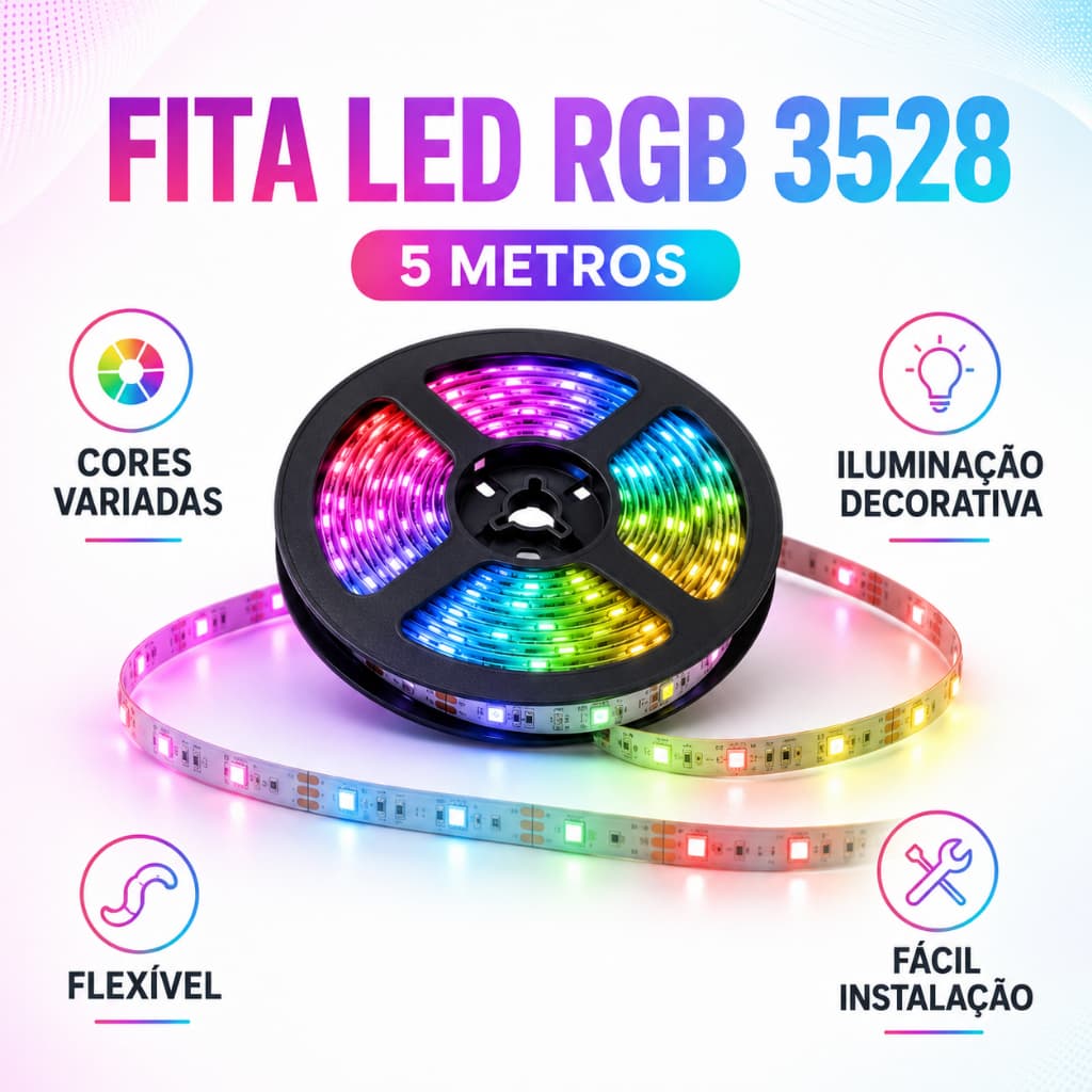 Kit Fita de Led RGB 5MT MGC Cores Vivas e Vibrantes Colorido 3528 IP65