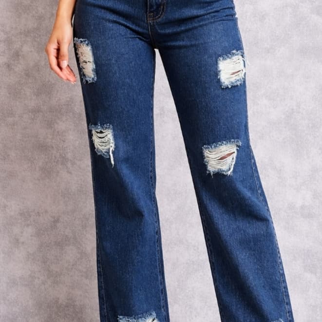 Marca Billy Jeans calça 100% jeans feminina Wide Leg destroyd na lavagem escura com botão  dourado e bolsos funcionais