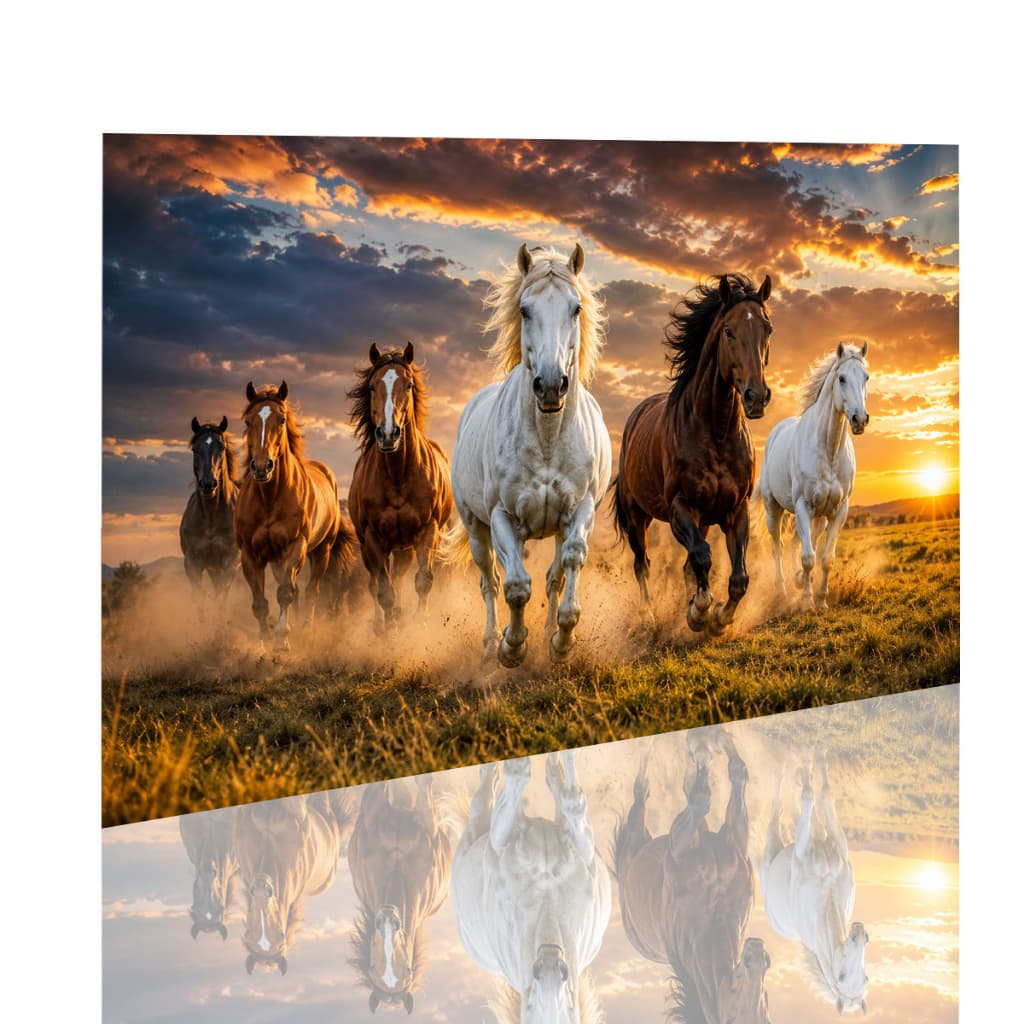 Quadro Decoração Parede Cavalos Correndo Campo Pôr do Sol Paisagem Premium Horizontal