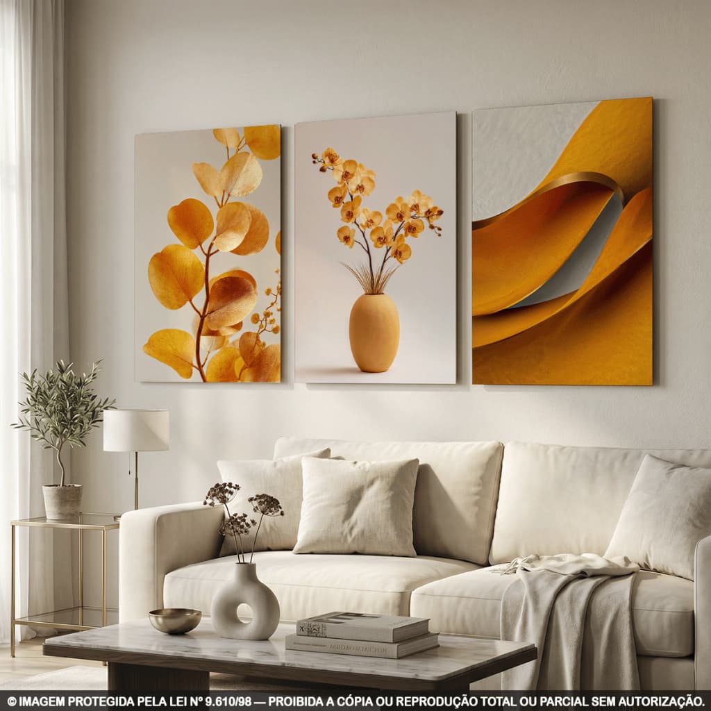 Kit 3 Quadros Decorativos Botânicos Dourados com Orquídeas e Vaso para Sala