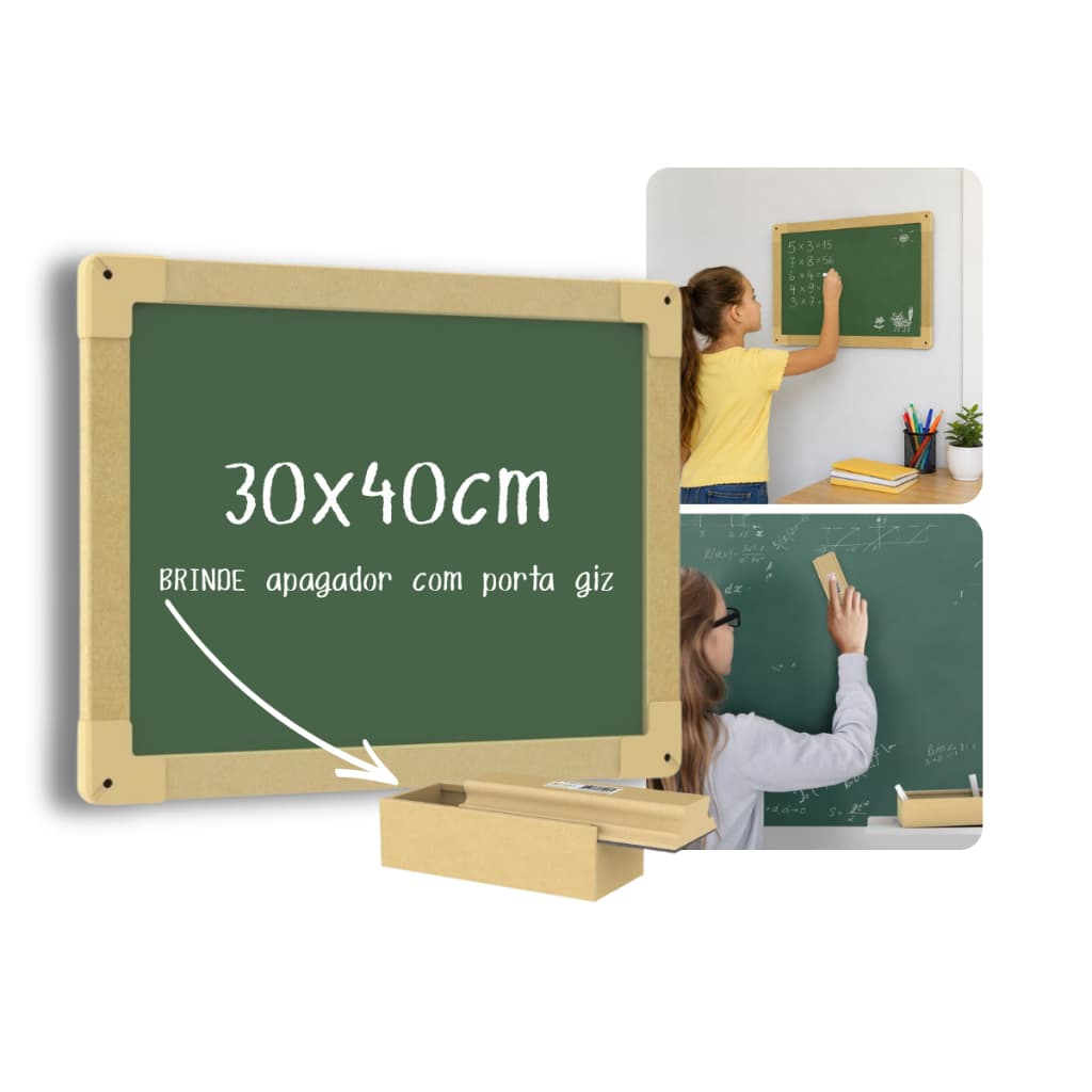 Quadro Verde Lousa Escolar Infantil Para Giz Com Moldura MDF + Brinde Apagador