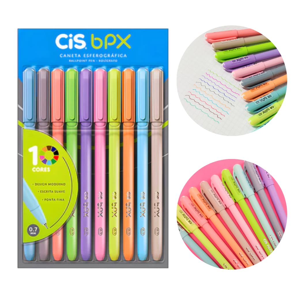10 Canetas Cis Bpx Ponta Fina 0.7mm Esferográficas Kit 10 Cores Diferentes - Ballpoint pen