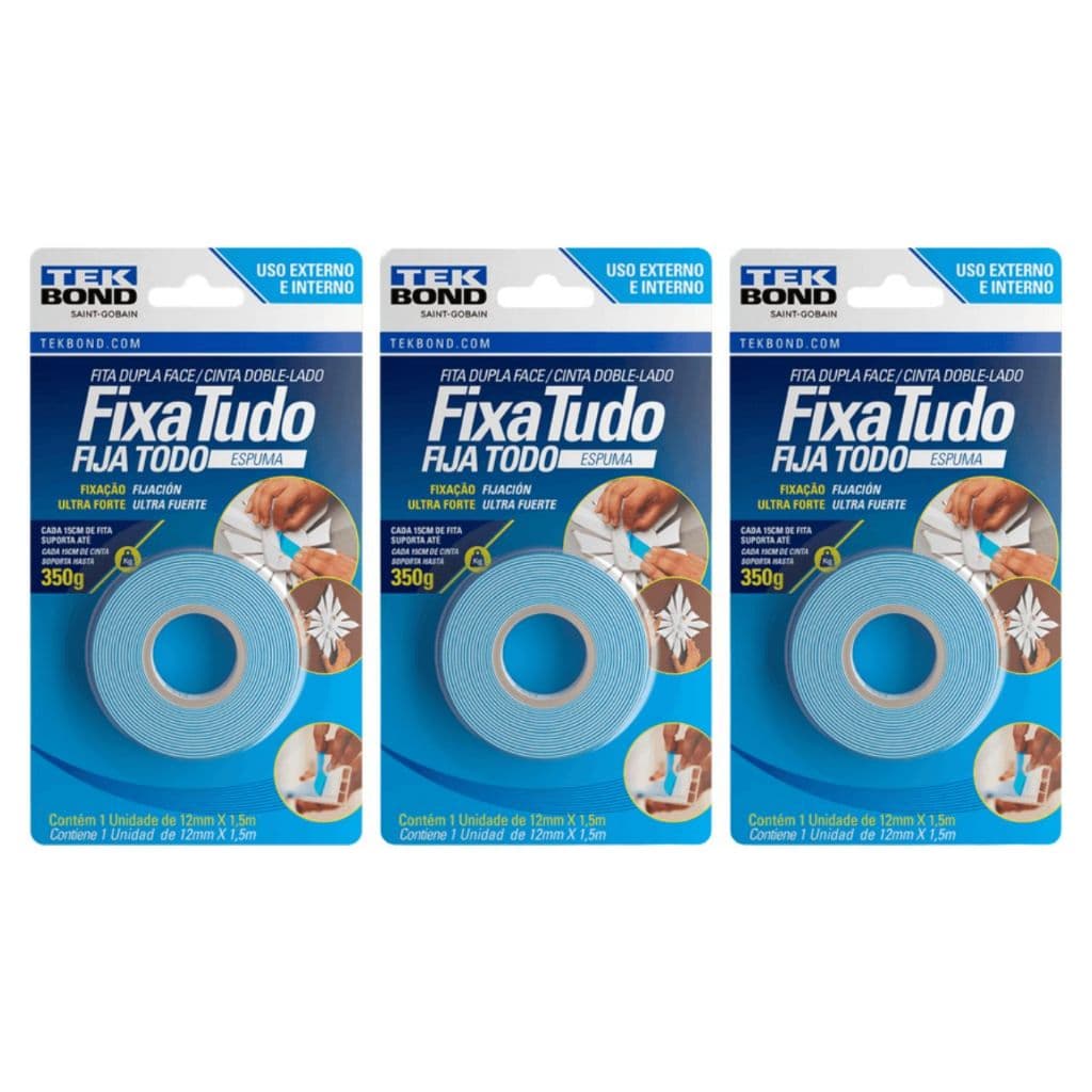 Kit 3 Fita Dupla Face Fixa Tudo Espuma Tekbond 12mmx1,5m