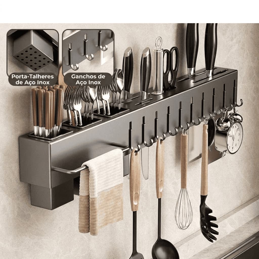 Suporte de Parede com 10 ganchos para Utensílios de Cozinha  - Aço Inox Cinza