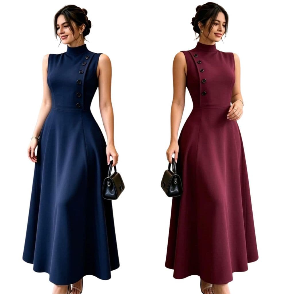 Vestido  Midi Social Feminino Alfaiataria com Botões Gola Alta para Festa e Formatura