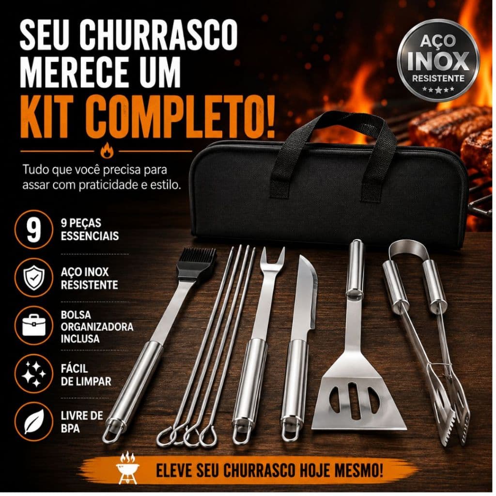 Kit de Churrasco Inox 9 Peças Profissional de Luxo com Estojo e Espetos