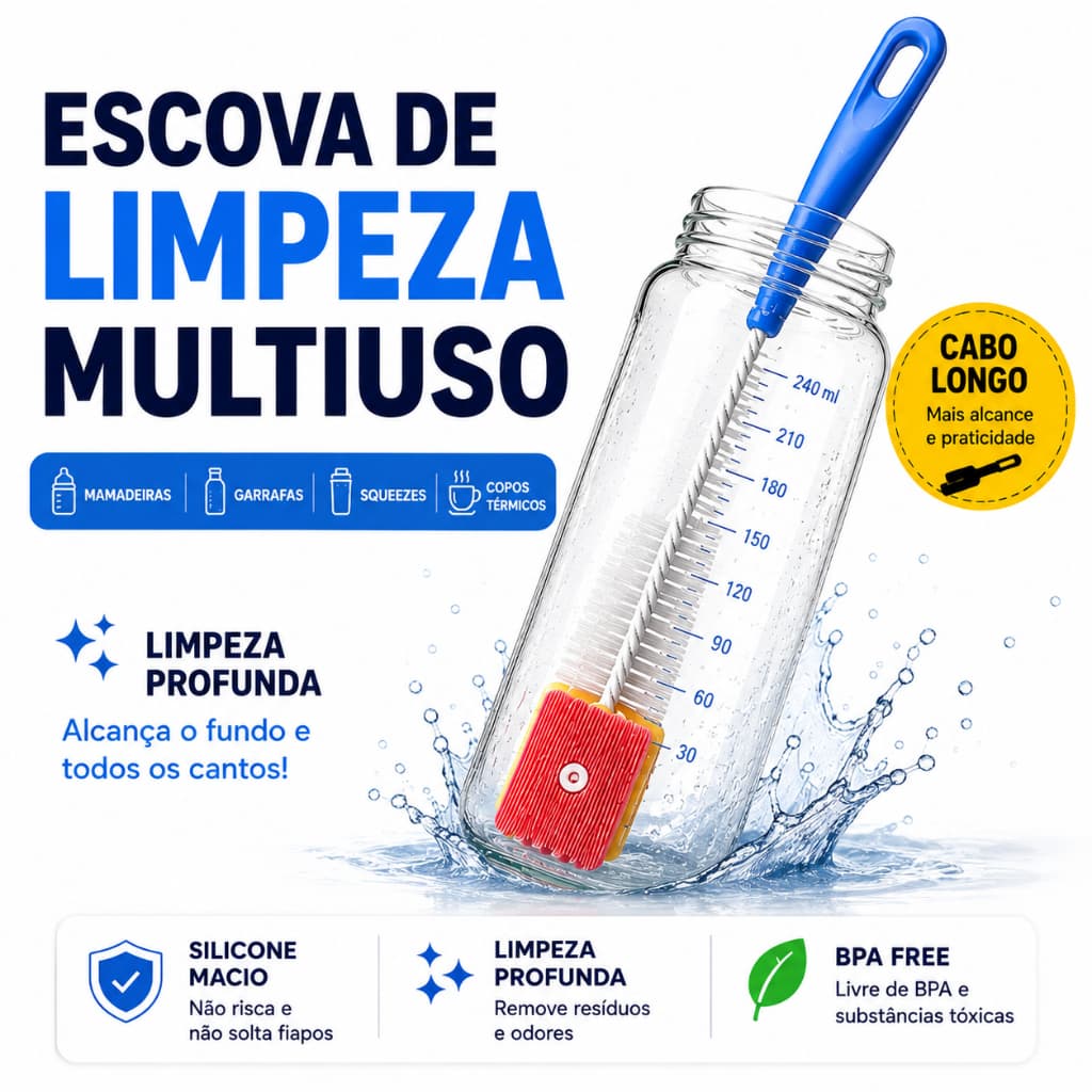 Escova de Limpeza para Mamadeira e Garrafa com Cabo Longo Multiuso BPA Free