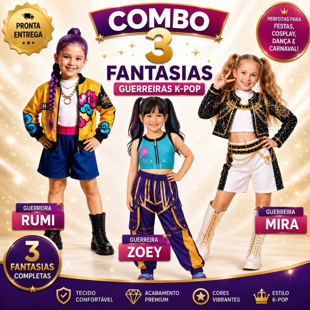 Kit com  Fantasias Cosplay KPOP Rumi - Mira - Zoey  Infantil Guerreira Filme Moda Traje Luxo