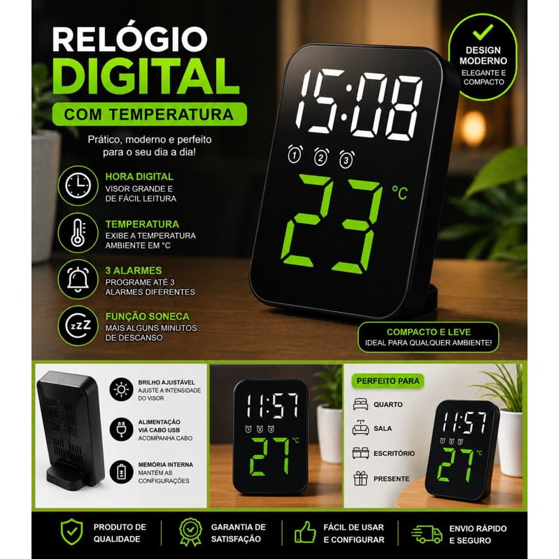 Relógio Digital LED Verde - Display LED, 3 Alarmes, USB 1m