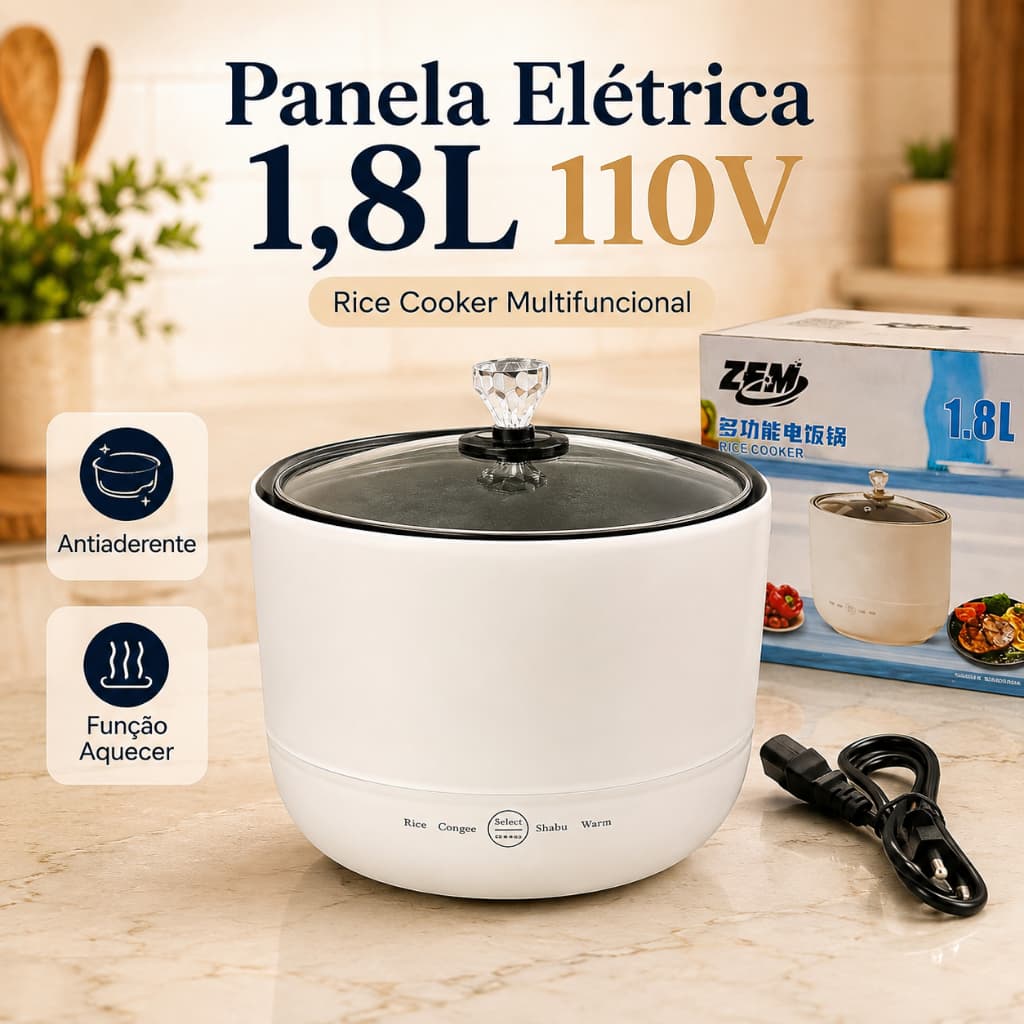 Panela Elétrica Arroz 1,8L 110V Rice Cooker Multifuncional Antiaderente Sopa Caldo Shabu Aquecer