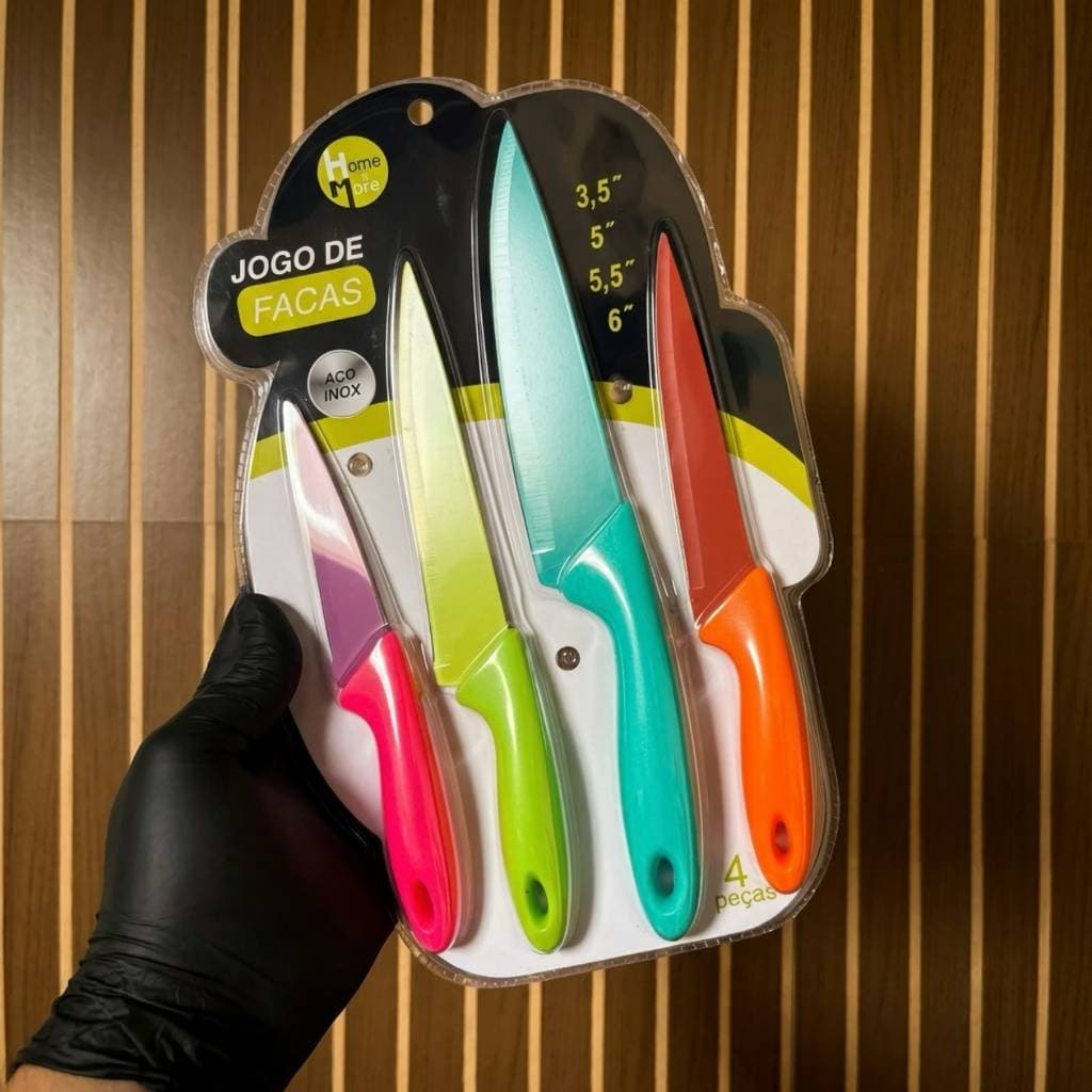 Kit Facas de Cozinha Coloridas Inox HM 4 Peças Afiadas Jogo de Facas Chef Frutas Legumes Carne