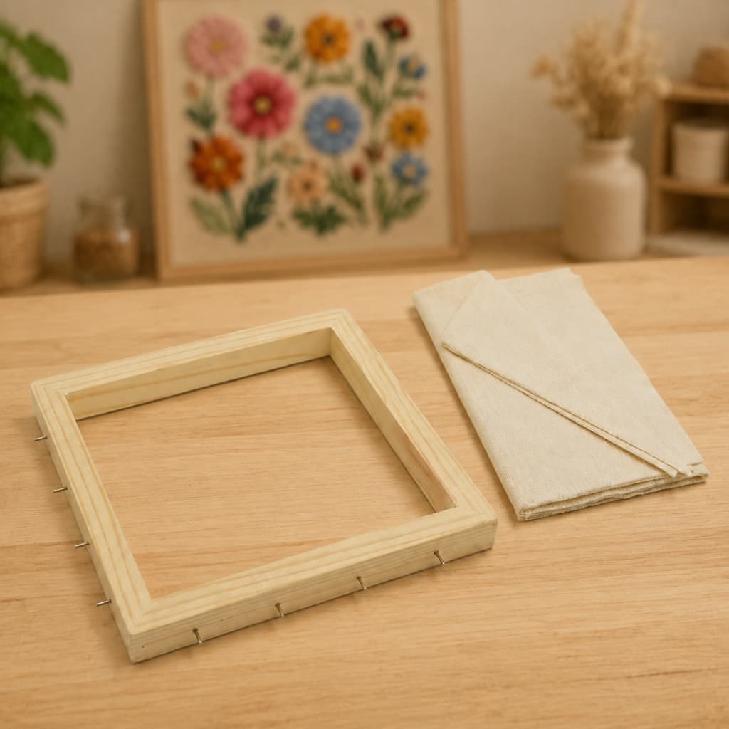 Kit Bastidor 25x25cm 16 Pinos Com Tecido Algodão Cru Artesão