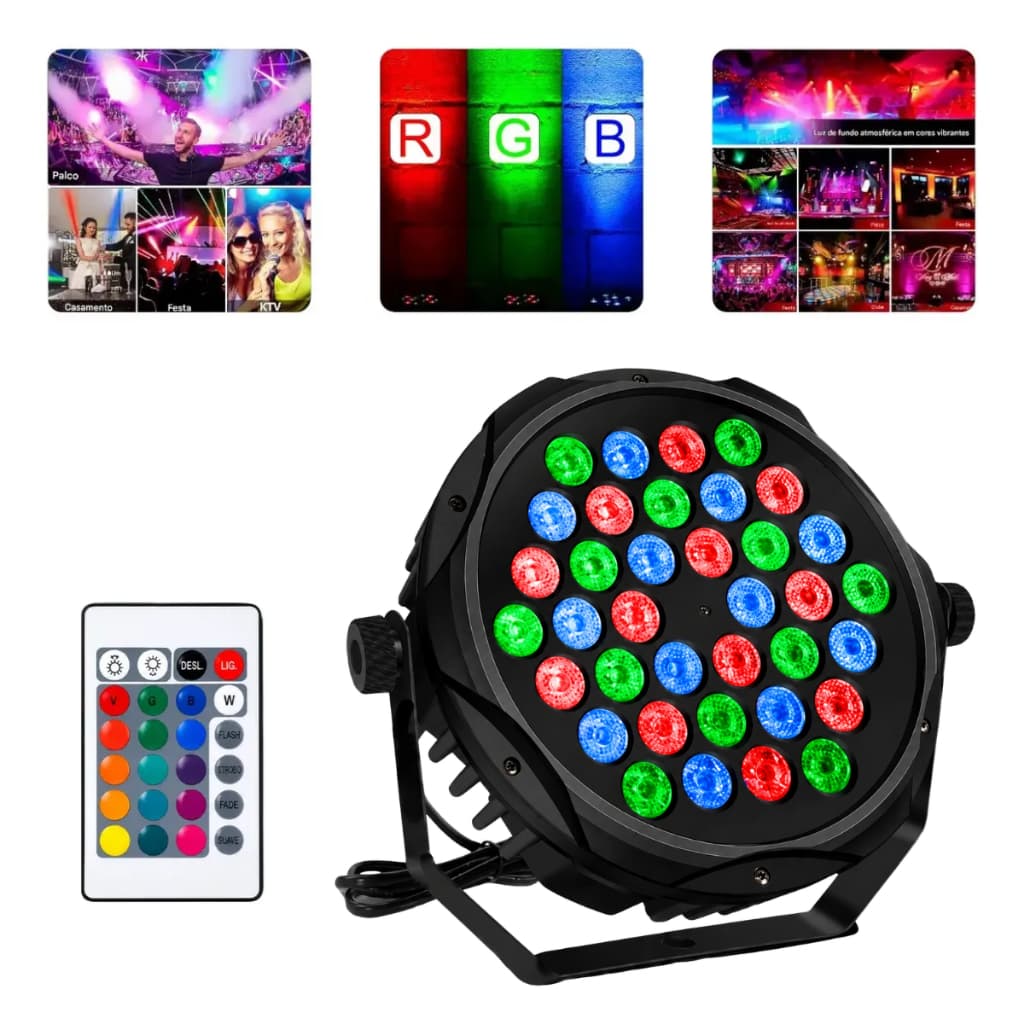 Refletor Canhão LED PAR RGB 36 LEDs com Controle Remoto Iluminação para Festa Palco Eventos DJ Espaço
