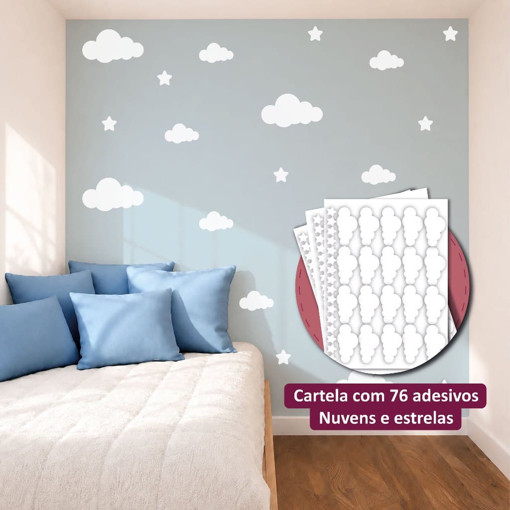 Adesivo Para Parede Nuvem + Estrelas, Decoração Quarto de Menina e Menino, Nuvens