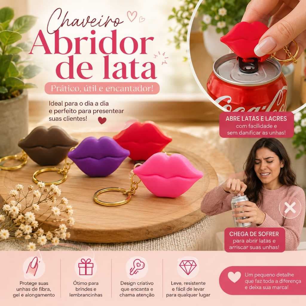 kit Chaveiro Abridor de Lata designer Boca | Brinde , Mimo clientes| Protege Unhas de Fibra  |  Criativo | Kit Presente