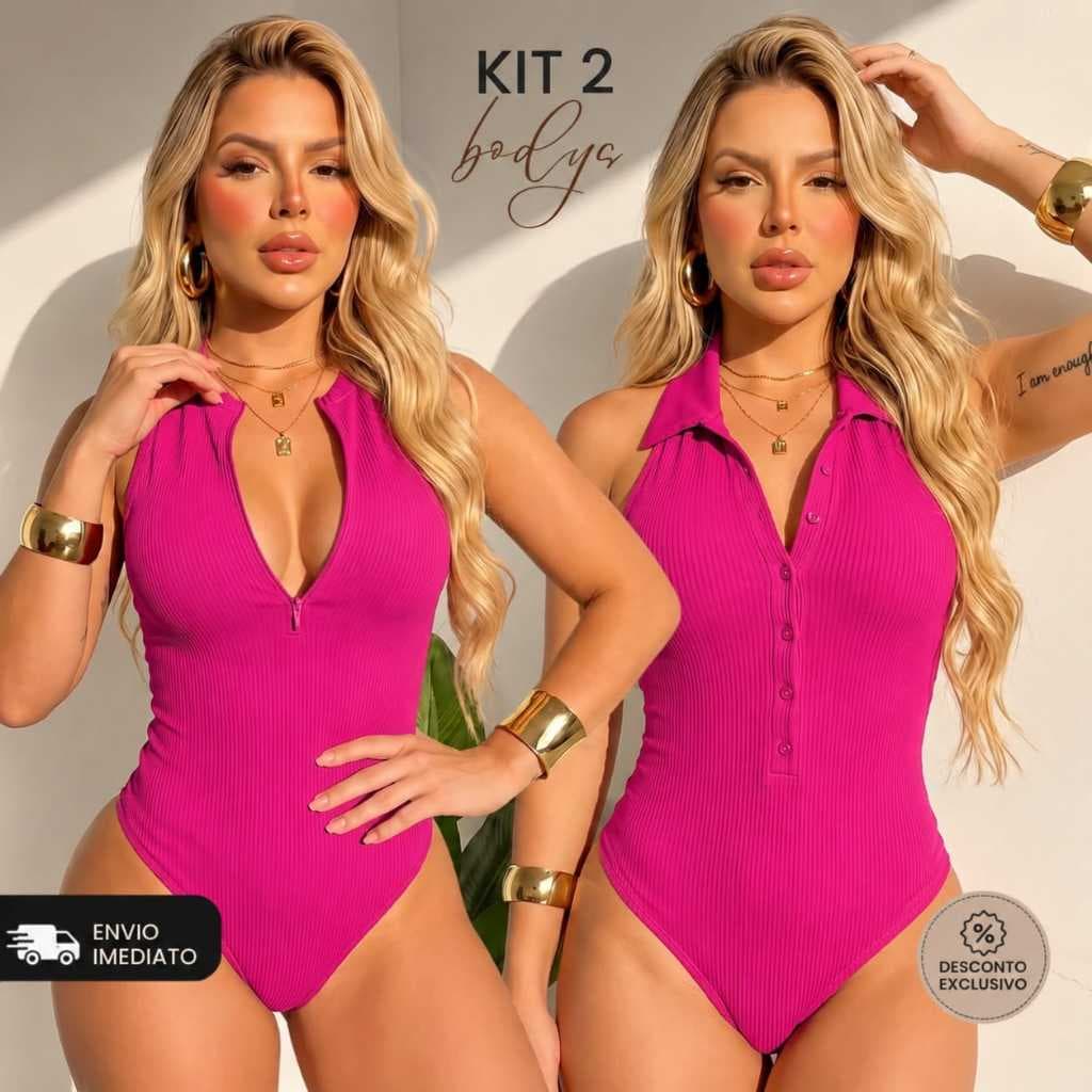 Kit 2 Body Feminino Gola Polo  Botões + Body Regata Zíper Elegante Moda Blogueira Tendência Primavera Verão
