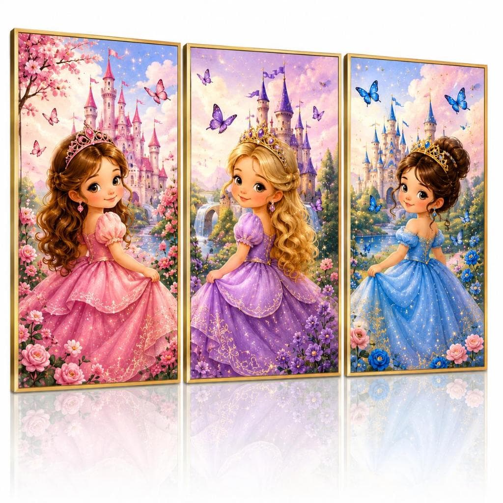 Quadro Decorativo 3 Peças Princesas Infantil – Castelo, Flores e Borboletas