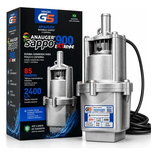 Bomba d'Agua Submersa 85 metros Anauger Sappo Extreme 900 450W 220V Poço Cisterna Alta Vazão Residencial Rural Irrigação