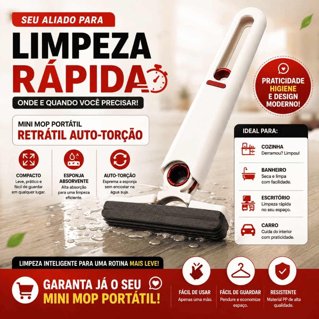 Mini Mop Portátil Auto-Torção Retrátil Esfregão Absorvente para Banheiro Cozinha Casa e Carro - BP-21108
