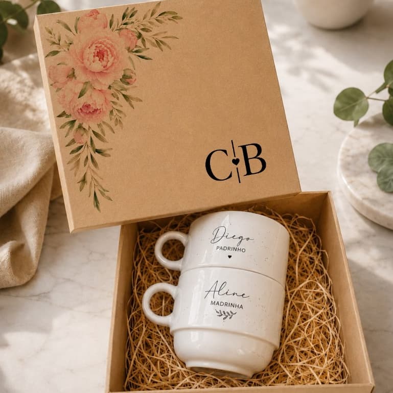 Kit 2 Xícaras + 1 Caixa MDF Personalizadas Para Dindos, Padrinhos de casamento, dinda e dindo,presente