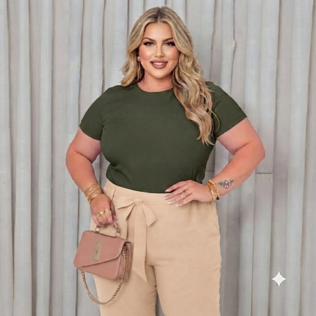 Blusa Feminina Plus Size Ribana Canelada Premium Manga Curta Básica G1 G2 G3 P005