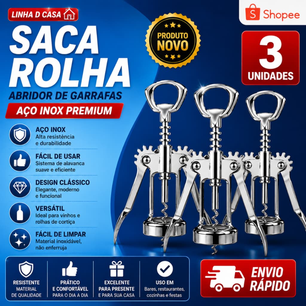 Conjunto 3 e 1 Unidade Saca Rolha Linha D Casa Abridor De Garrafas Em Aço Inox Para Bar/Cozinha
