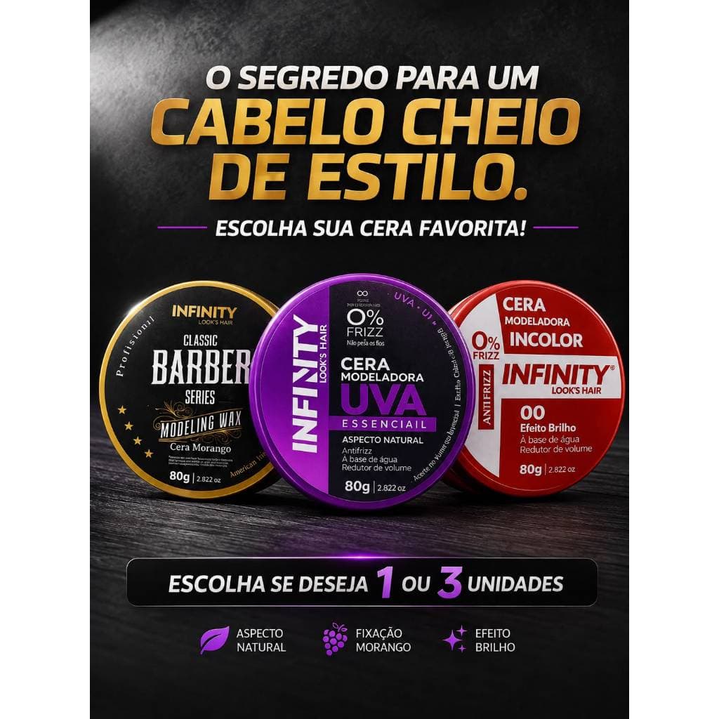 Pomada Modeladora Masculina Infinity 80g Cera para Cabelo Morango Uva Incolor Efeito Natural e Brilho Kit 1 ou 3 Unidade