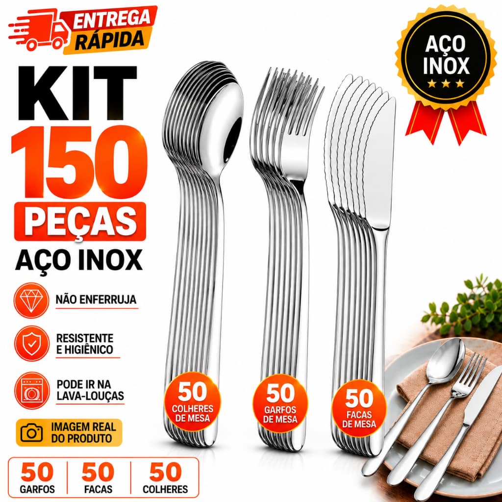 Kit Talheres 150 Peças Aço Inox 50 Colheres + 50 Garfos + 50 Facas Faqueiro Resistente Restaurante Buffet Cozinha