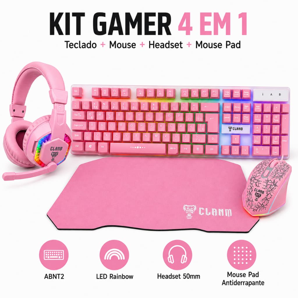 Kit Gamer Rosa 4 em 1 CLANM Teclado ABNT2 Mouse 3600 DPI Headset 50mm Mouse Pad LED Rainbow Meninas Setup Completo