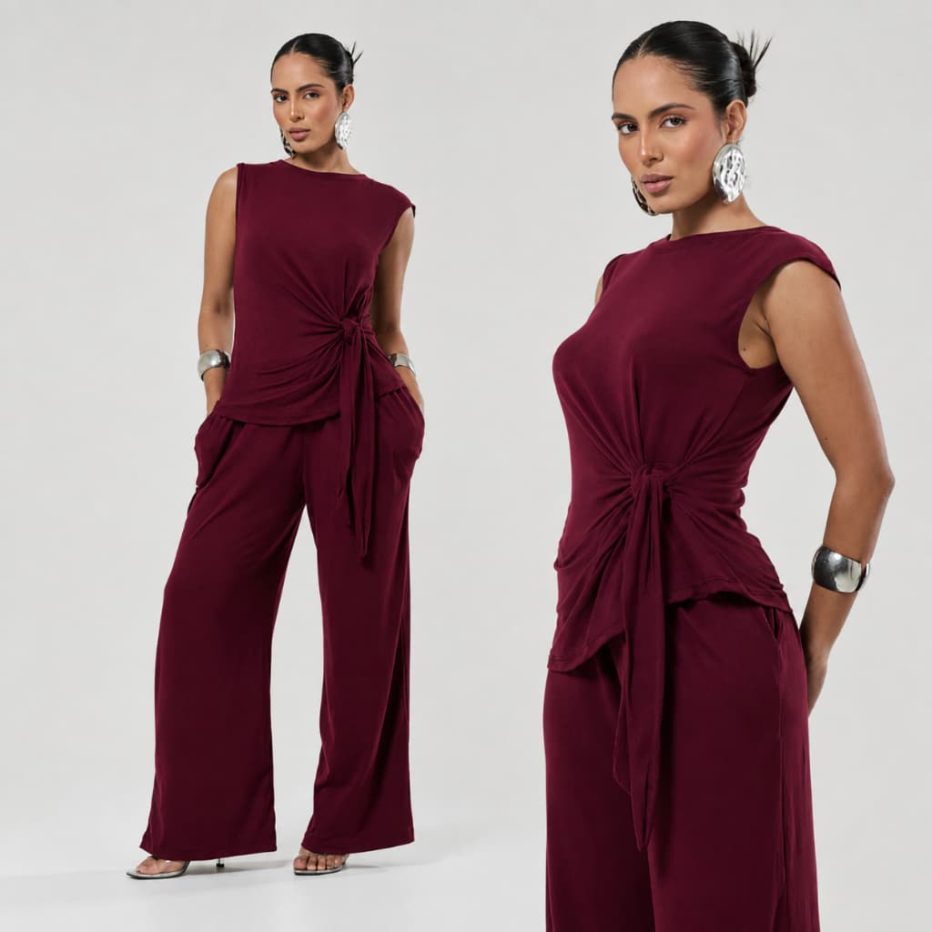 Conjunto Feminino Suede Calça Pantalona e Blusa Elegante assimetrica com amarração
