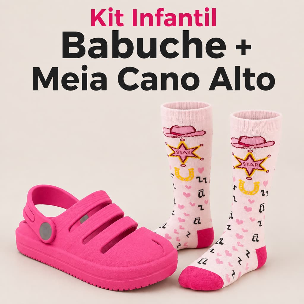Kit Infantil Babuche + Meia Cano Alto Estampada Country Boiadeira Cowgirl Menina Confortável Leve