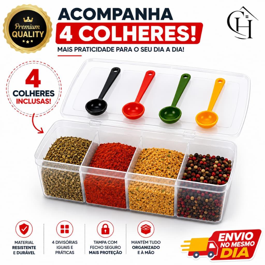 Porta Temperos Organizador Multiuso 4 Compartimentos com Tampa + 4 Colheres Cozinha Casa