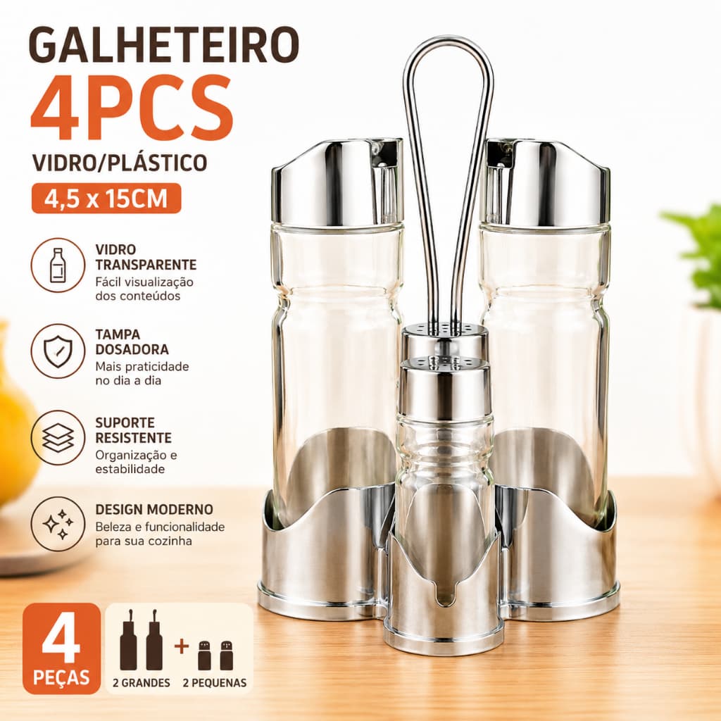 Galheteiro 4 Peças Vidro e Plástico com Suporte Porta Azeite Vinagre Temperos 13x10cm