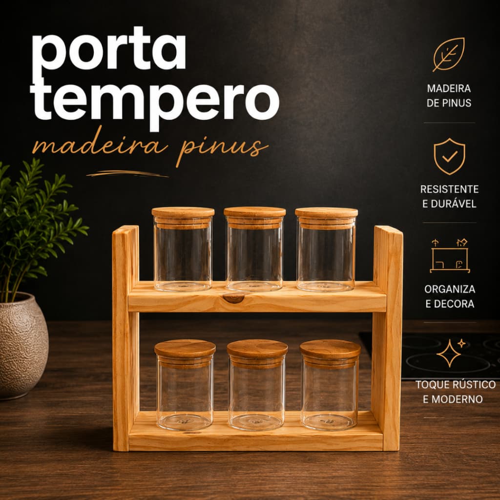 Porta Temperos em Madeira Pinus para Cozinha Decorativa - Organizador de Condimentos para Casa