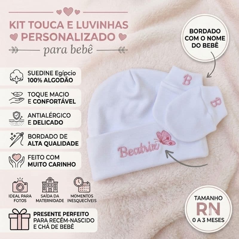 Touca e luva algodão egipcio bebê recém nascido, maternidade,